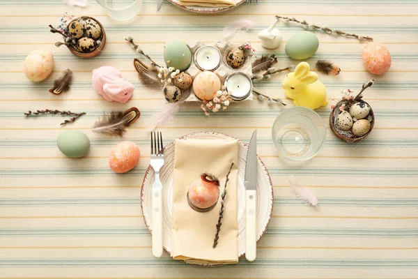 Stylish Table Setting Easter Celebration Pussy Willow Branches Light Background — Stock Photo, Image