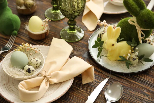 Stylish Table Setting Easter Celebration Wooden Background — Stock Photo, Image