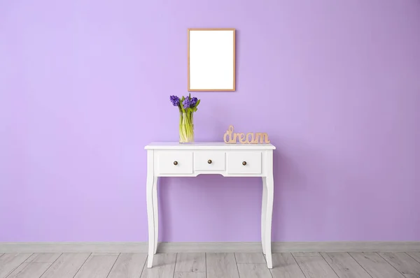 Vase Beautiful Flowers Word Dream Table Blank Photo Frame Color — Stock Photo, Image