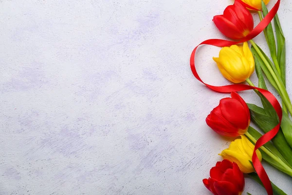 Beautiful Tulip Flowers Red Ribbon Light Background Closeup International Women — Stock Photo, Image