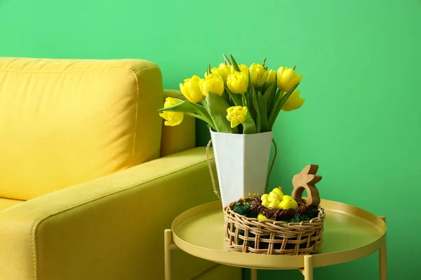 Vase Tulips Basket Easter Eggs Rabbit Table Armchair — Stock Photo, Image