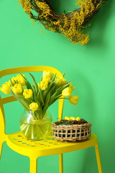 Vase Tulips Basket Easter Eggs Chair Color Wall — Stock Photo, Image