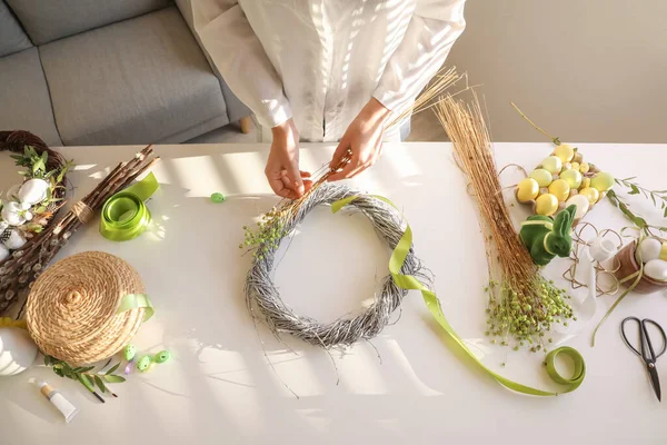 Woman Making Beautiful Easter Wreath Table Closeup — Stock Photo, Image