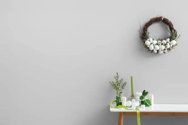 Beautiful Easter Decor Table Wreath Hanging Light Wall — Stock Photo, Image