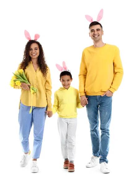 Little African American Boy Her Parents White Background Easter Holiday — Stock Photo, Image