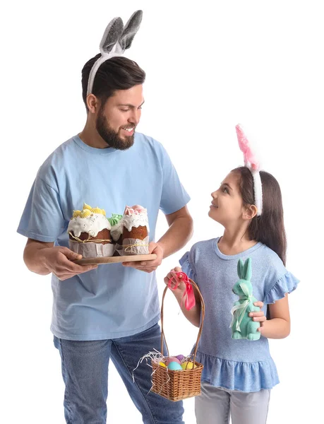 Little Girl Easter Eggs Her Father White Background — Stock Photo, Image