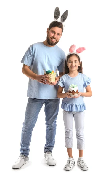 Little Girl Easter Cake Her Father Eggs Basket White Background — Stock Photo, Image