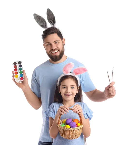 Little Girl Easter Eggs Her Father Paints White Background — Stock Photo, Image