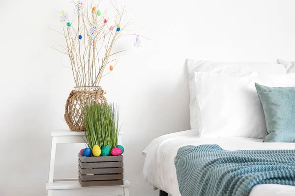 Vase Tree Branches Easter Eggs Box Stepladder Light Wall Bedroom — Stock Photo, Image