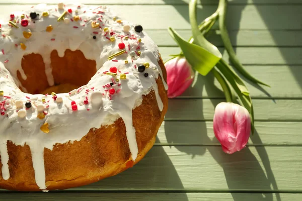 Tasty Easter Cake Flowers Color Wooden Background Closeup — Stock Photo, Image