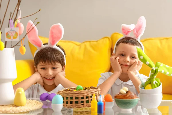 Cute Little Boys Celebrating Easter Home — Stock Photo, Image