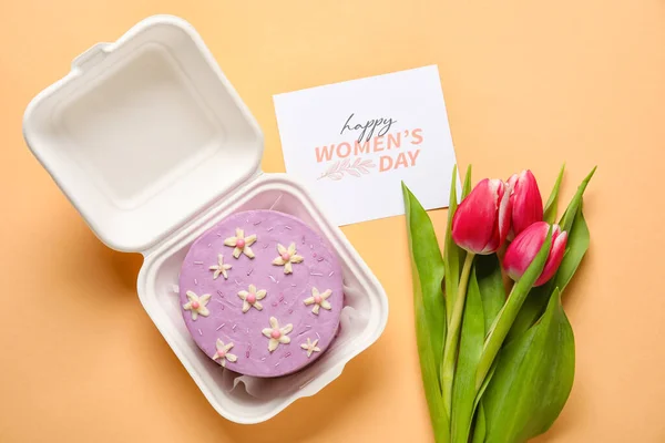 Plastic Lunch Box Tasty Bento Cake Greeting Card Flowers International — Stock Photo, Image