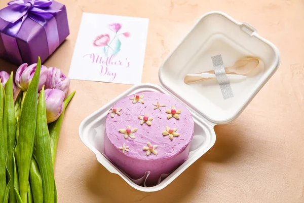 Plastic Lunch Box Tasty Bento Cake Greeting Card Flowers Color — Stock Photo, Image