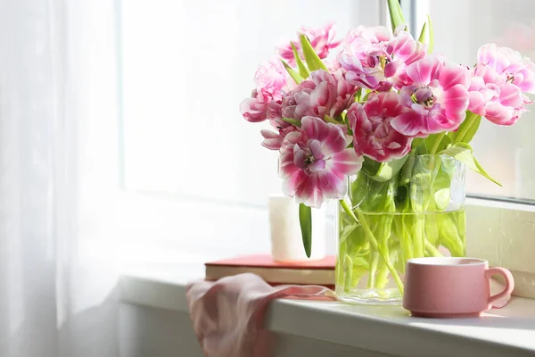 Glass Vase Beautiful Tulips Cup Tea Windowsill — Stock Photo, Image