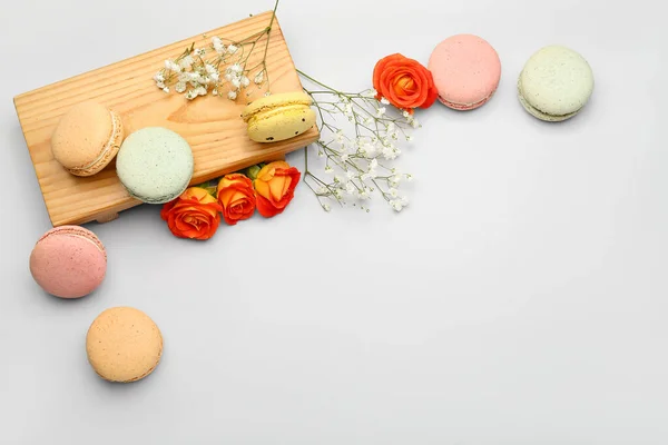 Composition Sweet Macaroons Flowers White Background International Women Day Celebration — Stock Photo, Image