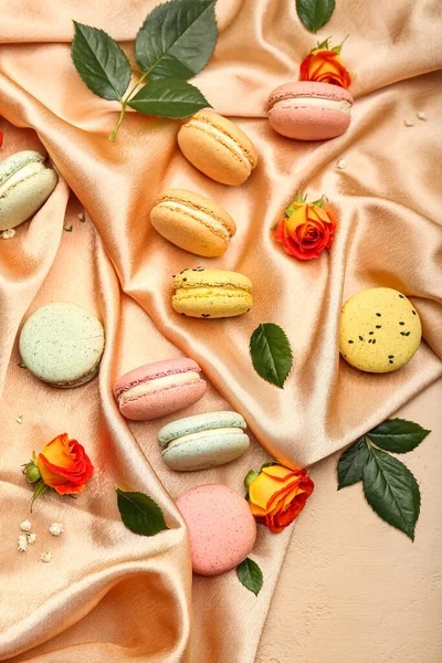 Composition Sweet Macaroons Rose Flowers Leaves Fabric Background International Women — Stock Photo, Image