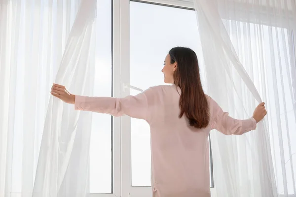 Morning Pretty Young Woman Opening Curtains Room — Stock Photo, Image