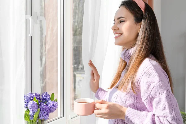 Pretty Young Woman Drinking Hot Coffee Window — Stock Photo, Image