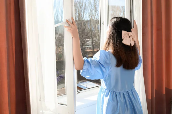 Pretty Young Asian Woman Opening Window Room — Stock Photo, Image