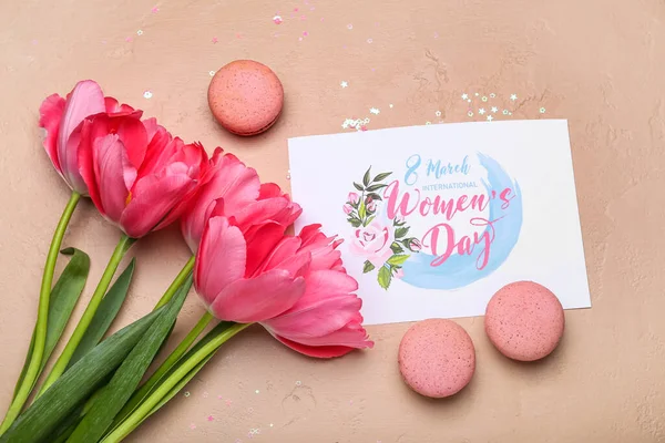 Greeting Card International Women Day Celebration Beautiful Tulip Flowers Macaroons — Stock Photo, Image