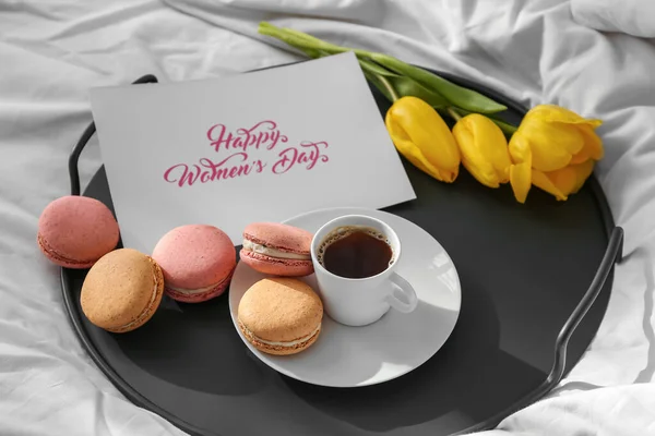 Tray Cup Coffee Tasty Macaroons Greeting Card Flowers International Women — Stock Photo, Image