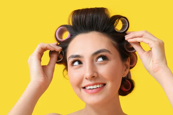 Beautiful Young Woman Hair Rollers Yellow Background — Stock Photo, Image