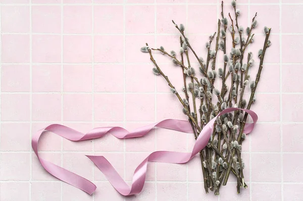 Beautiful Pussy Willow Branches Ribbon Color Tile — Photo