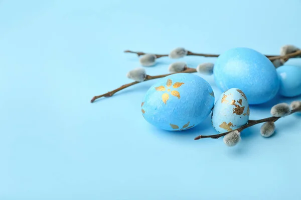 Painted Easter Eggs Pussy Willow Branches Blue Background — Stock Fotó