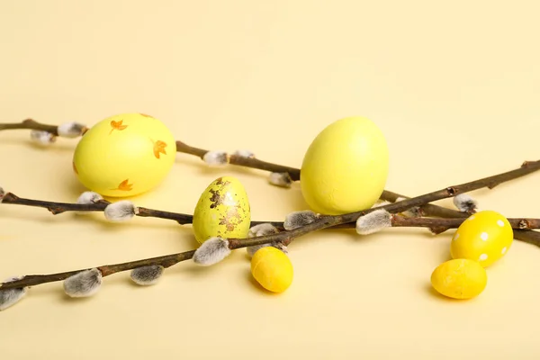 Painted Easter Eggs Pussy Willow Branches Color Background — Photo
