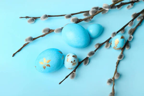 Painted Easter Eggs Pussy Willow Branches Blue Background — Photo