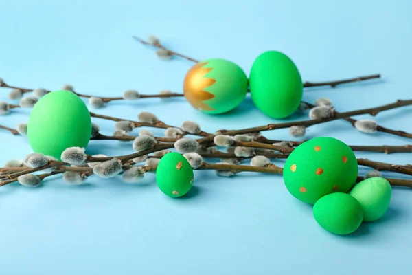 Painted Easter Eggs Pussy Willow Branches Blue Background — Photo