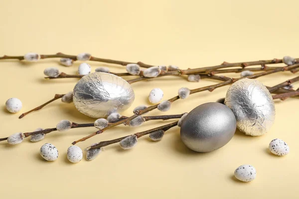 Easter Eggs Pussy Willow Branches Color Background — Stock Photo, Image