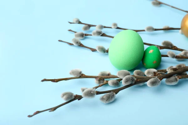 Painted Easter Eggs Pussy Willow Branches Blue Background — 스톡 사진