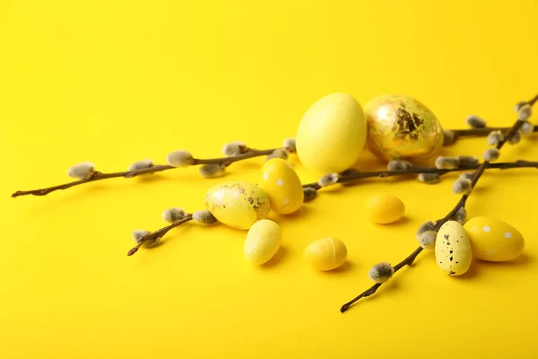 Painted Easter Eggs Pussy Willow Branches Yellow Background — 스톡 사진