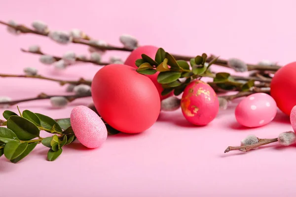 Painted Easter Eggs Pussy Willow Branches Pink Background — Stock Photo, Image