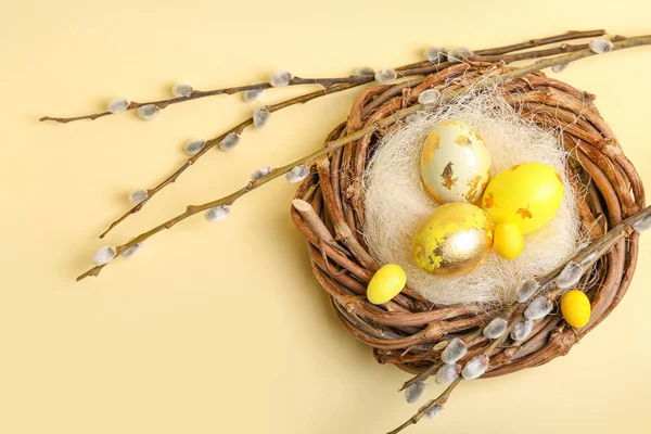 Nest Painted Easter Eggs Pussy Willow Branches Color Background — Photo