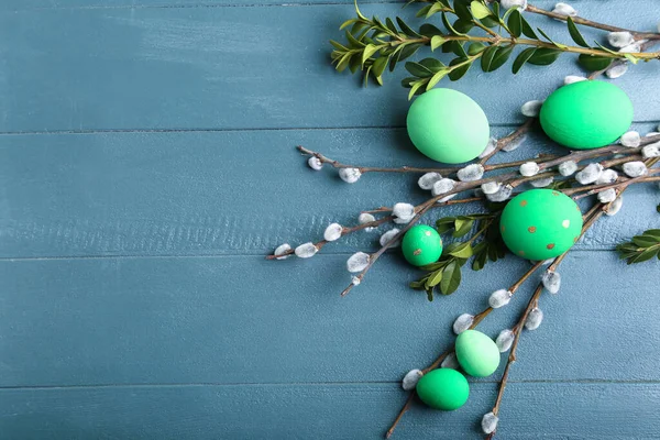 Painted Easter Eggs Pussy Willow Branches Wooden Background — Photo