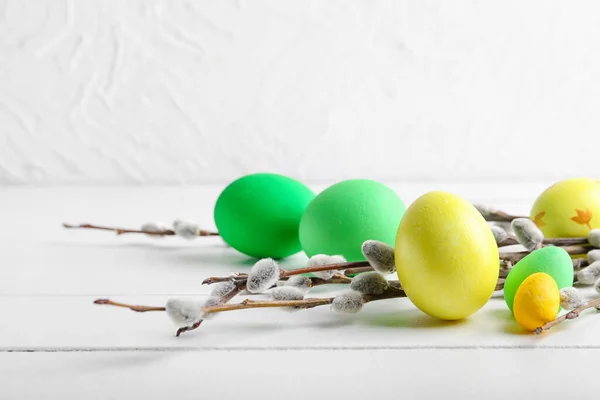 Painted Easter Eggs Pussy Willow Branches Light Wooden Background — Stock Fotó