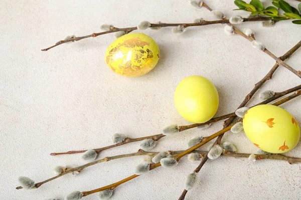 Painted Easter Eggs Pussy Willow Branches Light Background — Photo