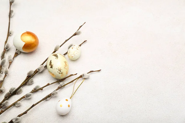 Painted Easter Eggs Pussy Willow Branches Light Background — Stock Fotó