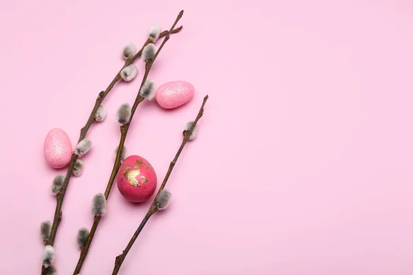 Painted Easter Eggs Pussy Willow Branches Pink Background — Fotografia de Stock