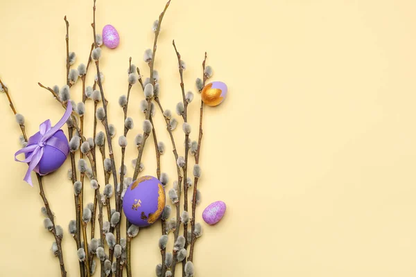 Painted Easter Eggs Pussy Willow Branches Color Background — Foto Stock