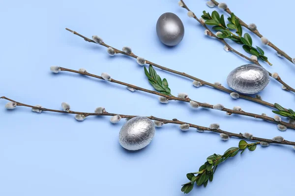 Easter Eggs Pussy Willow Branches Blue Background — Stock Photo, Image