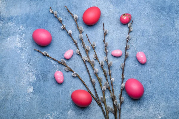 Painted Easter Eggs Pussy Willow Branches Blue Background — Stok fotoğraf