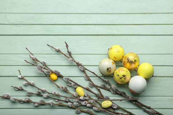 Painted Easter Eggs Pussy Willow Branches Wooden Background — Photo