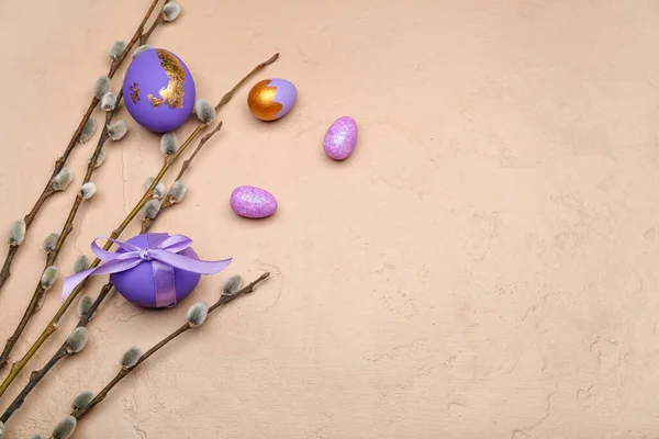 Painted Easter Eggs Pussy Willow Branches Color Background — 스톡 사진