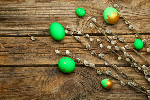 Painted Easter Eggs Pussy Willow Branches Wooden Background — Stock Photo, Image