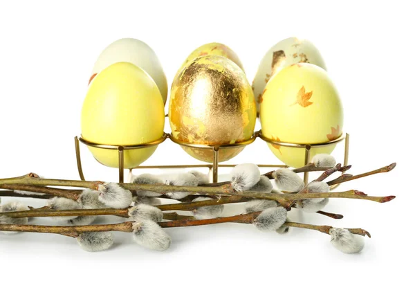 Easter Eggs Pussy Willow Branches Isolated White — Stock Photo, Image