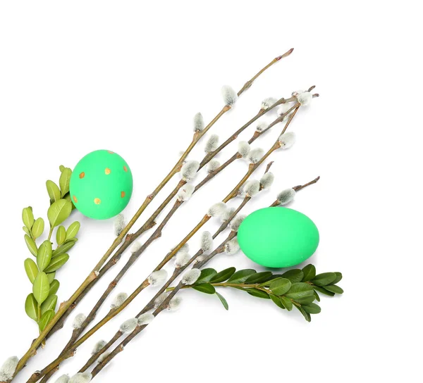 Easter Eggs Pussy Willow Branches Isolated White — Photo