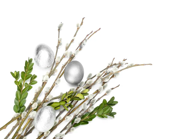 Easter Eggs Pussy Willow Branches Isolated White — Stockfoto